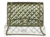 Chanel Green Straited Quilted Patent Leather Maxi Classic Double Flap Bag - Shop Prestige