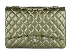 Chanel Green Straited Quilted Patent Leather Maxi Classic Double Flap Bag - Shop Prestige