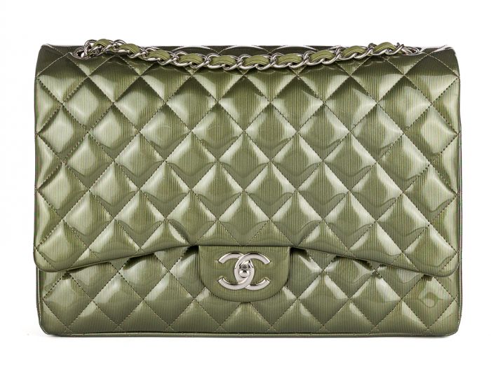 Chanel Green Straited Quilted Patent Leather Maxi Classic Double Flap Bag - Shop Prestige