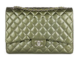 Chanel Green Straited Quilted Patent Leather Maxi Classic Double Flap Bag - Shop Prestige