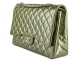 Chanel Green Straited Quilted Patent Leather Maxi Classic Double Flap Bag - Shop Prestige