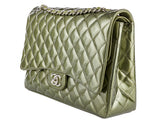 Chanel Green Straited Quilted Patent Leather Maxi Classic Double Flap Bag - Shop Prestige