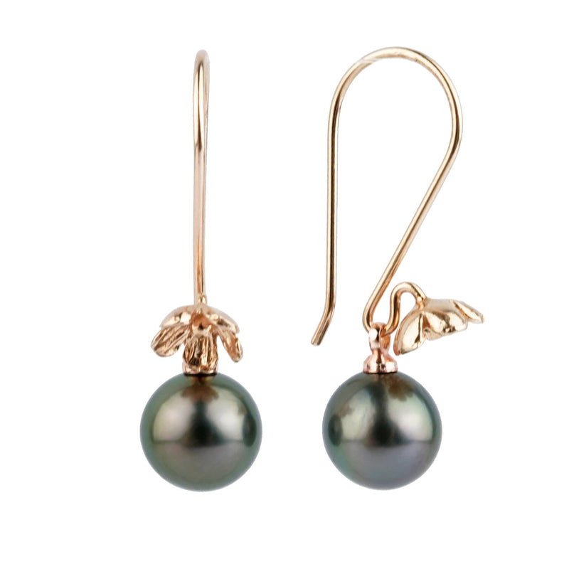 Deep Peacock Green Tahitian Pearl Hibiscus Rose Gold Vermeil Hook Earrings