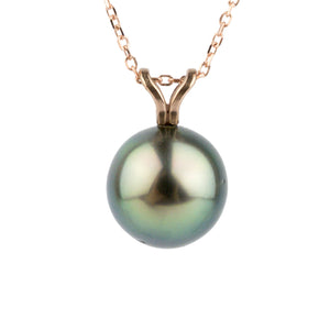 Peacock Green 9.6mm Tahitian Pearl I'a Necklace on 14K Rose Gold