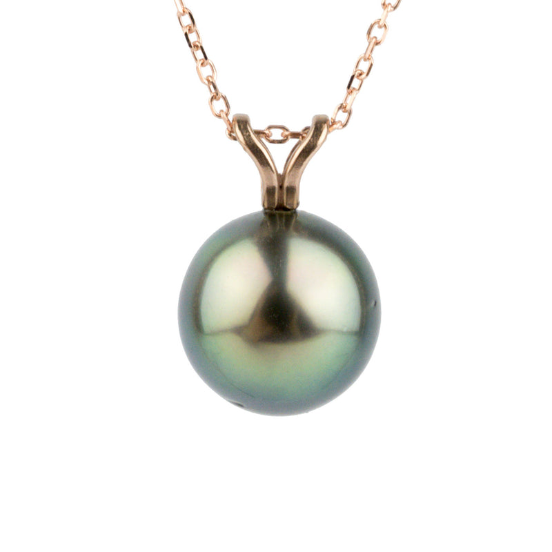 Peacock Green 9.6mm Tahitian Pearl I'a Necklace on 14K Rose Gold