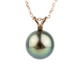 Peacock Green 9.6mm Tahitian Pearl I'a Necklace on 14K Rose Gold