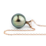 Peacock Green 9.6mm Tahitian Pearl I'a Necklace on 14K Rose Gold