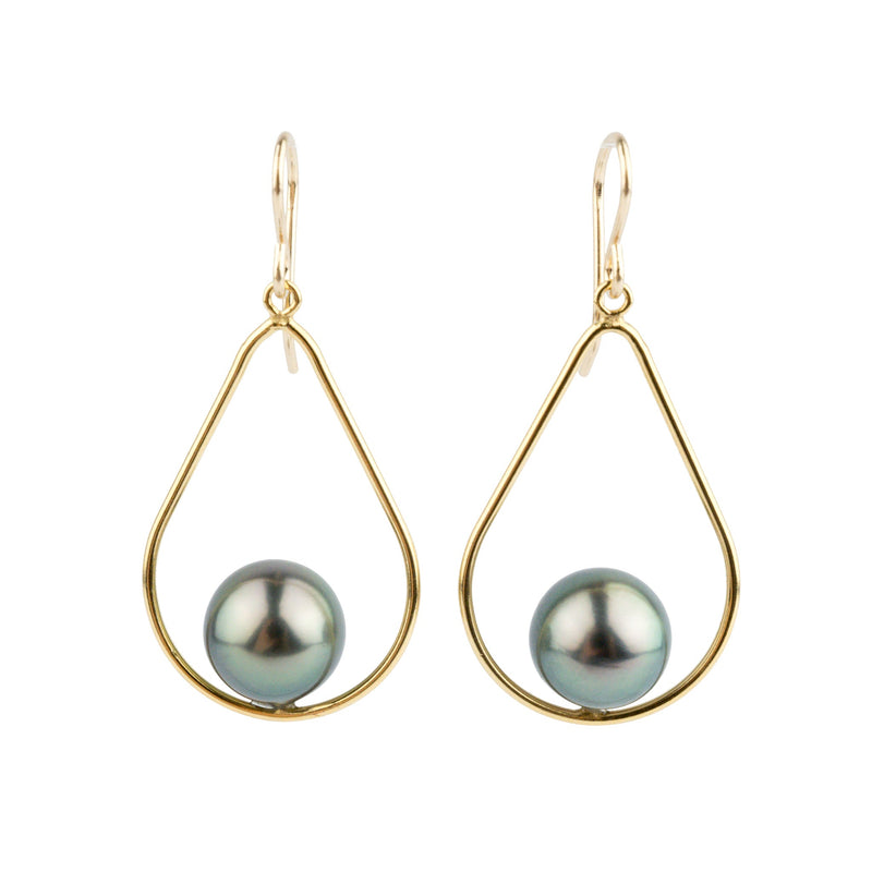 Peacock Green Tahitian Pearl Teardrop Dangle Earrings on Gold Filled
