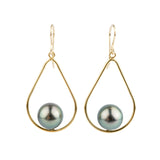 Peacock Green Tahitian Pearl Teardrop Dangle Earrings on Gold Filled