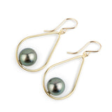Peacock Green Tahitian Pearl Teardrop Dangle Earrings on Gold Filled