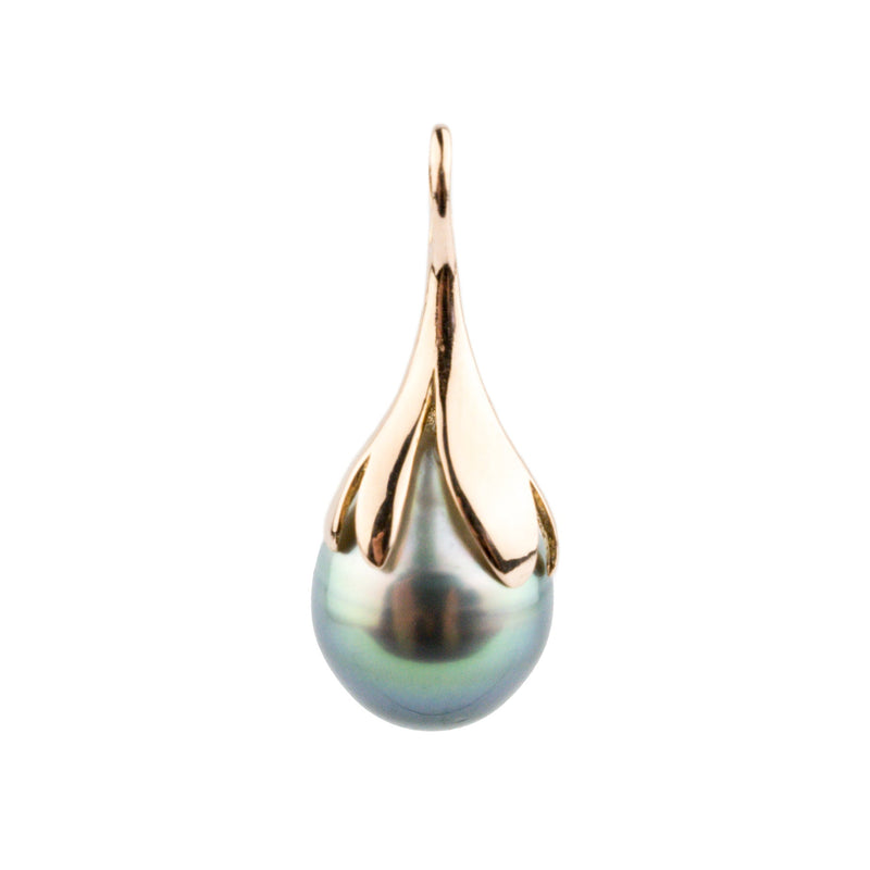 Bright Blue 9.4mm Rainbow Drop Tahitian Pearl Pendant on 14K Rose Gold